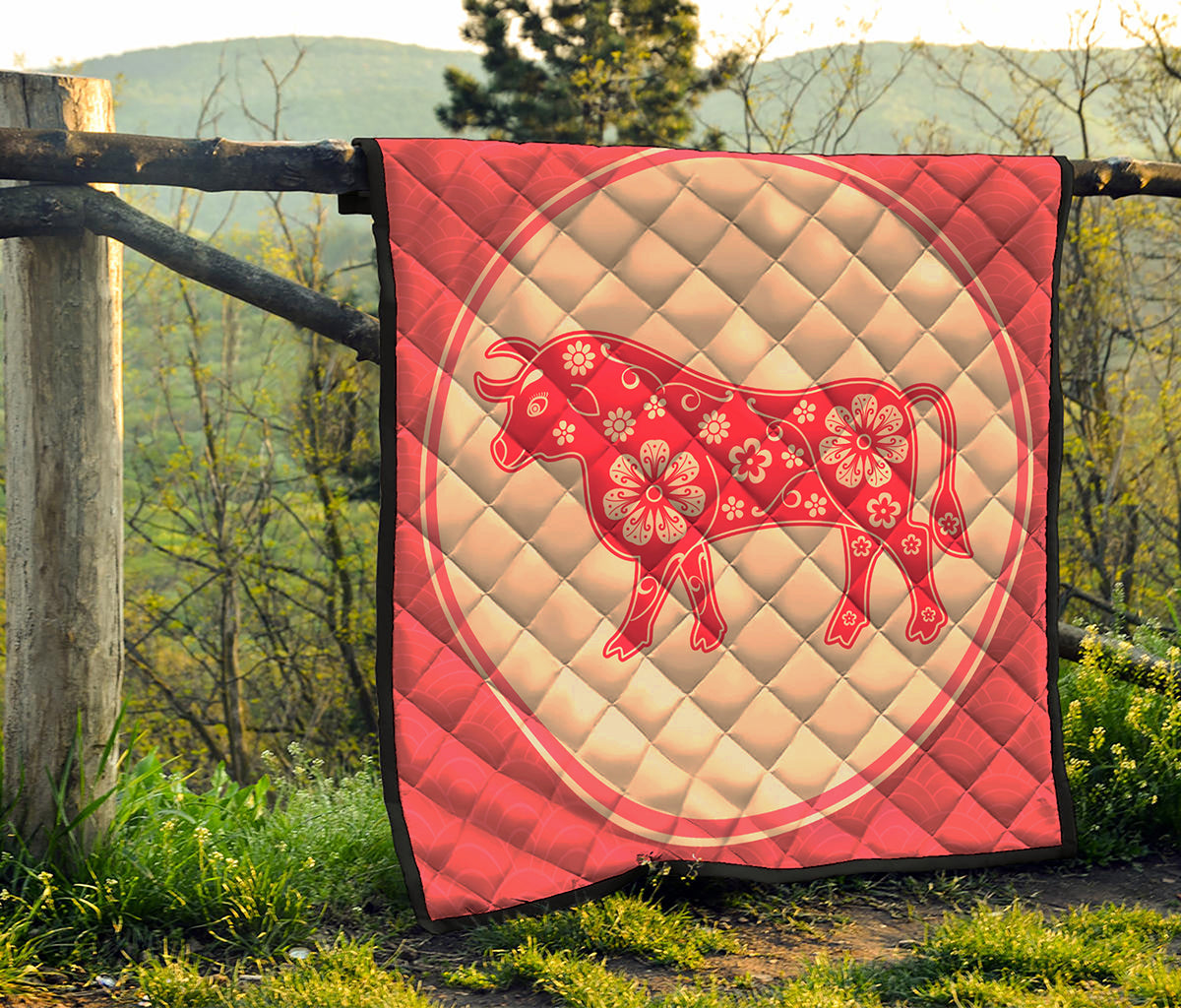 Chinese Flower Ox Zodiac Print Quilt