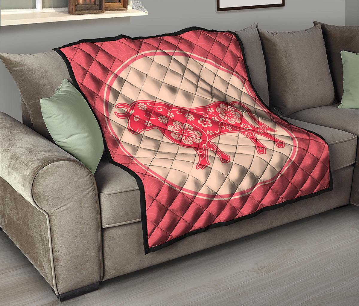 Chinese Flower Ox Zodiac Print Quilt