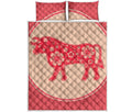 Chinese Flower Ox Zodiac Print Quilt Bed Set