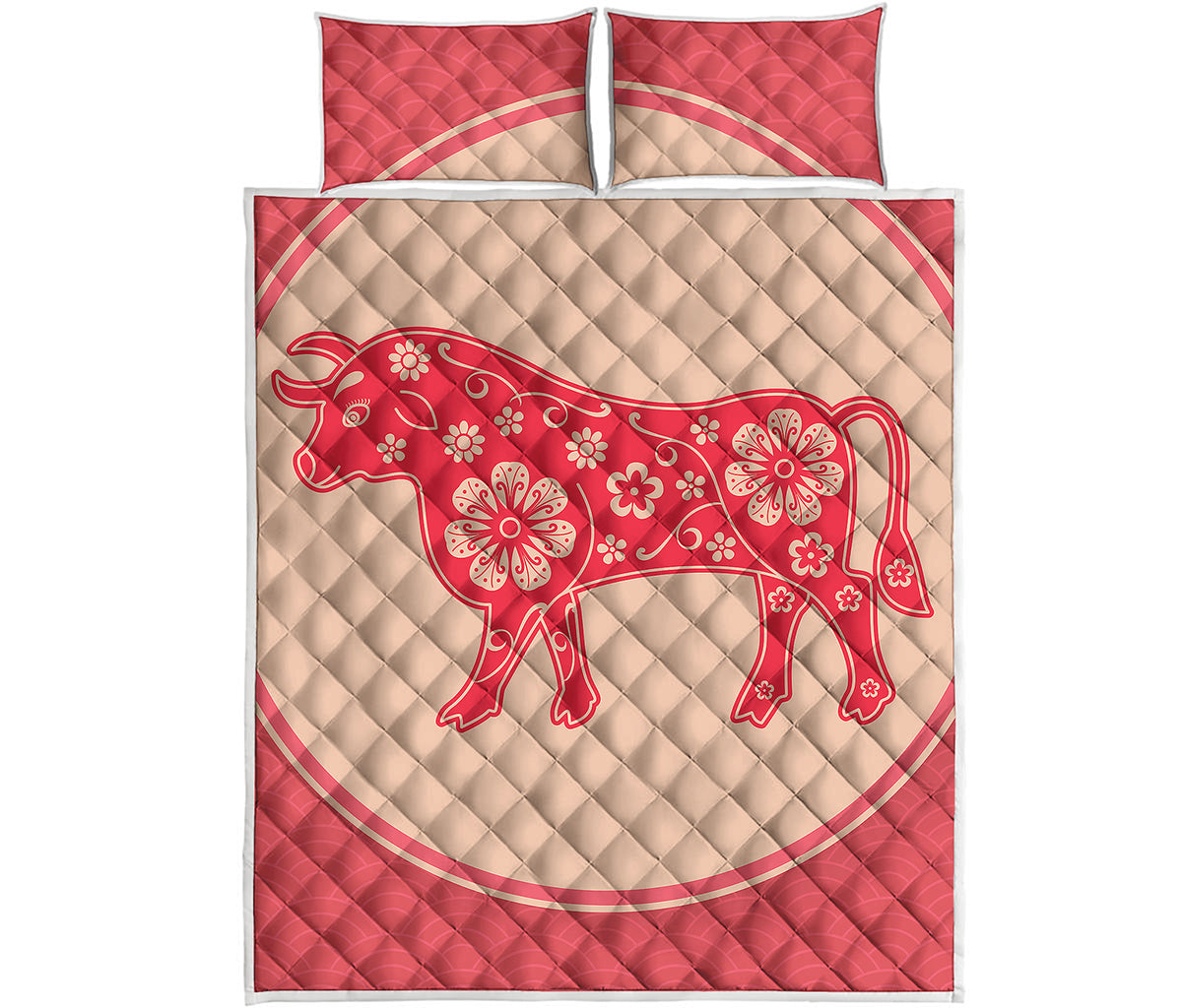 Chinese Flower Ox Zodiac Print Quilt Bed Set