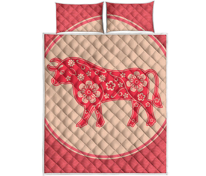 Chinese Flower Ox Zodiac Print Quilt Bed Set