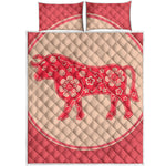 Chinese Flower Ox Zodiac Print Quilt Bed Set