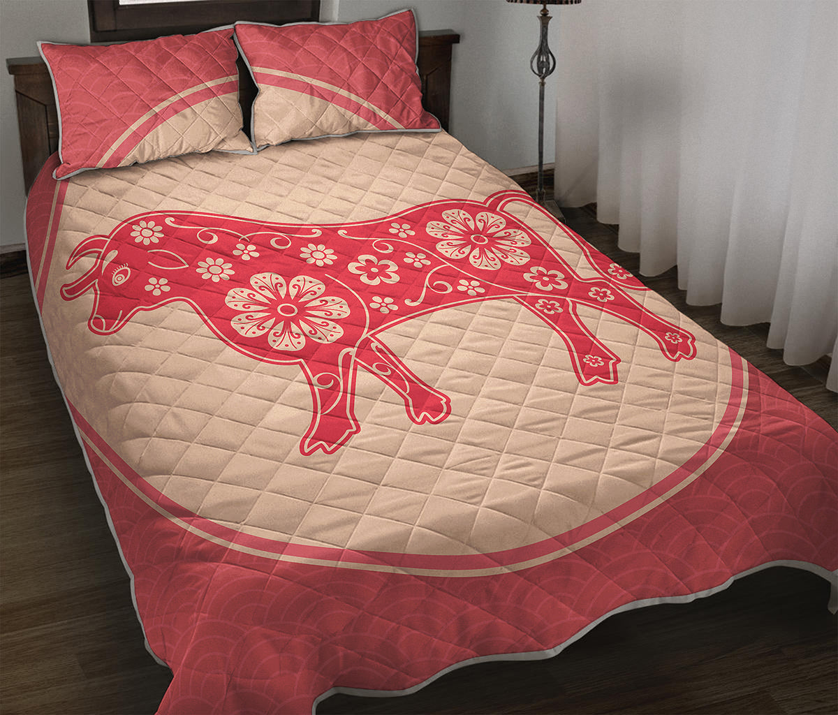 Chinese Flower Ox Zodiac Print Quilt Bed Set