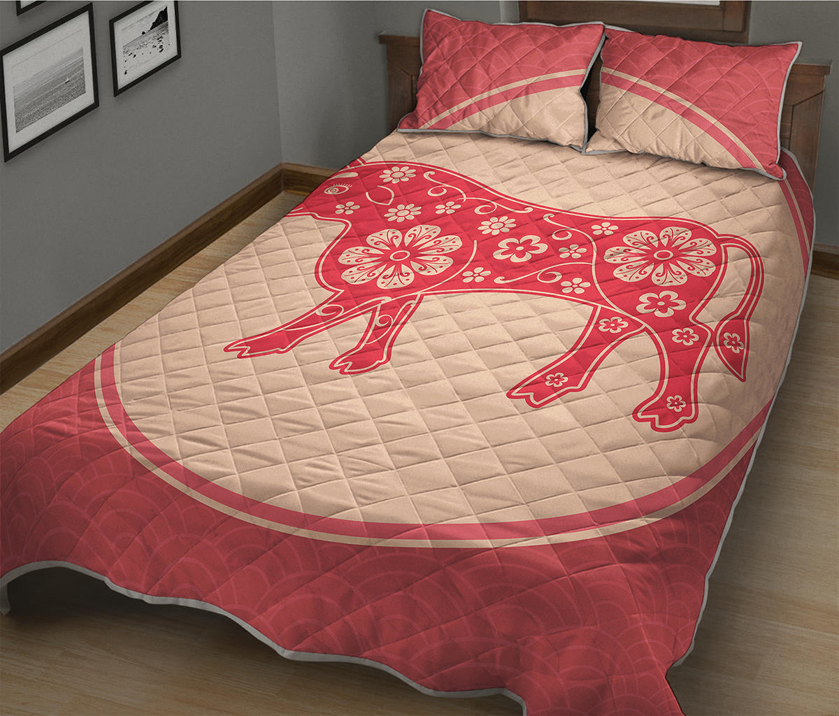 Chinese Flower Ox Zodiac Print Quilt Bed Set