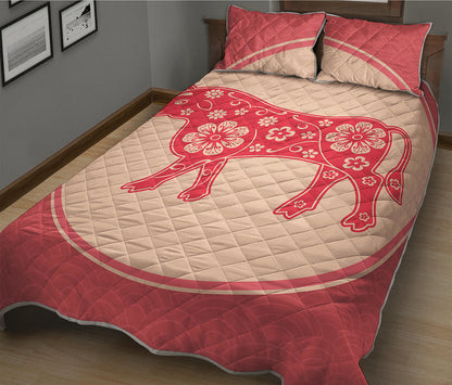 Chinese Flower Ox Zodiac Print Quilt Bed Set