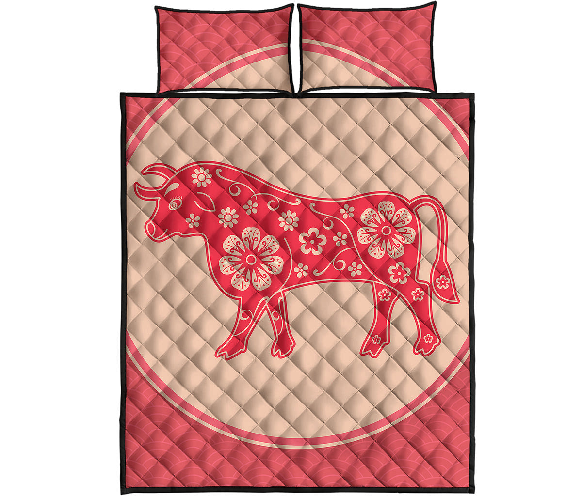 Chinese Flower Ox Zodiac Print Quilt Bed Set