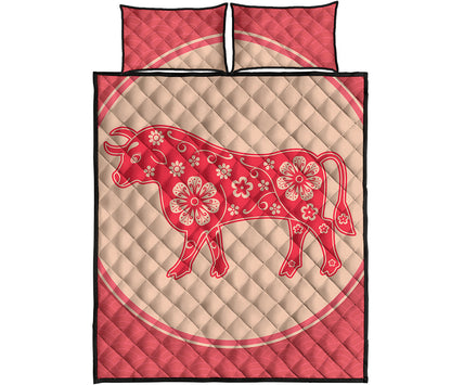 Chinese Flower Ox Zodiac Print Quilt Bed Set