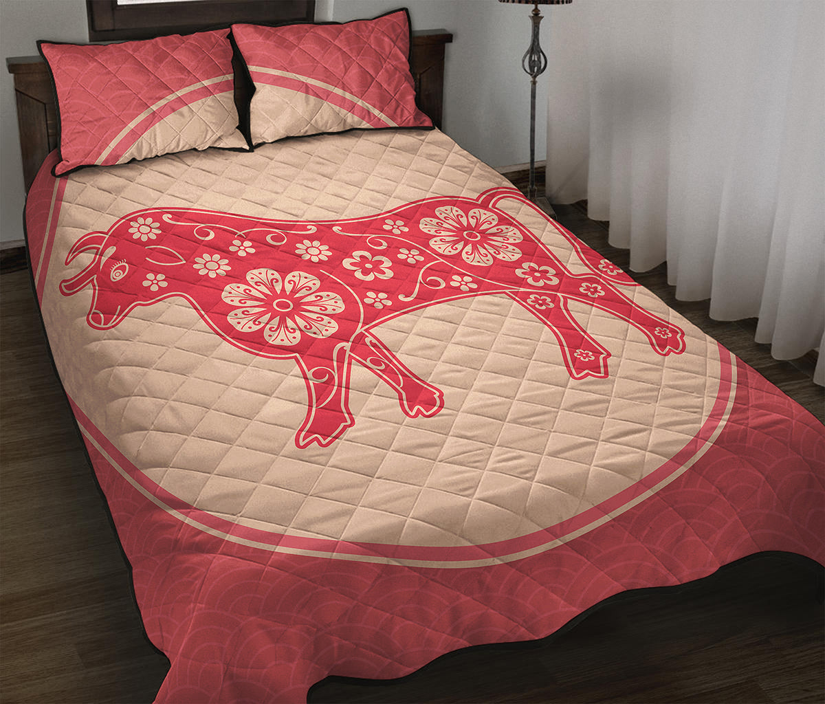 Chinese Flower Ox Zodiac Print Quilt Bed Set