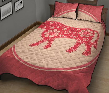 Chinese Flower Ox Zodiac Print Quilt Bed Set