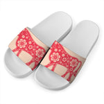 Chinese Flower Ox Zodiac Print White Slide Sandals