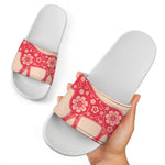 Chinese Flower Ox Zodiac Print White Slide Sandals