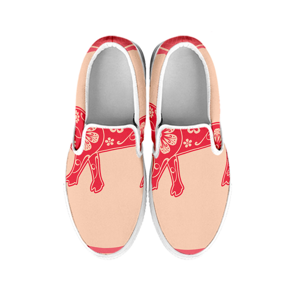 Chinese Flower Ox Zodiac Print White Slip On Shoes