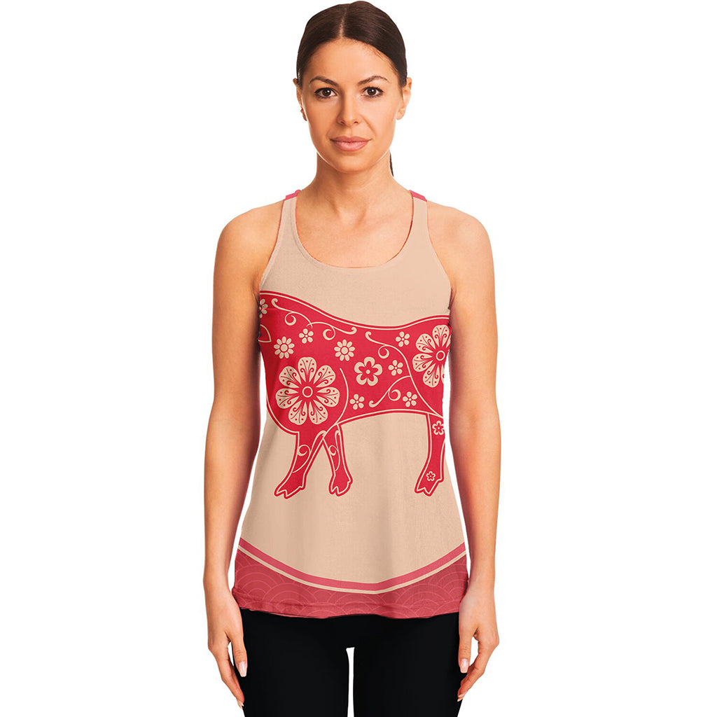 Chinese Flower Ox Zodiac Print Women's Racerback Tank Top