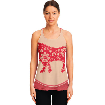 Chinese Flower Ox Zodiac Print Women's Racerback Tank Top