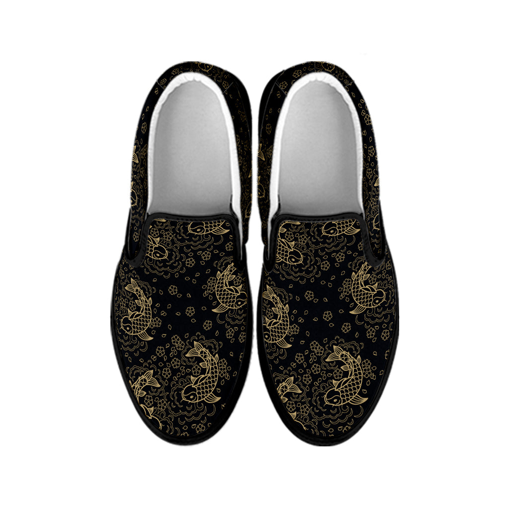 Chinese Koi Carp Pattern Print Black Slip On Shoes