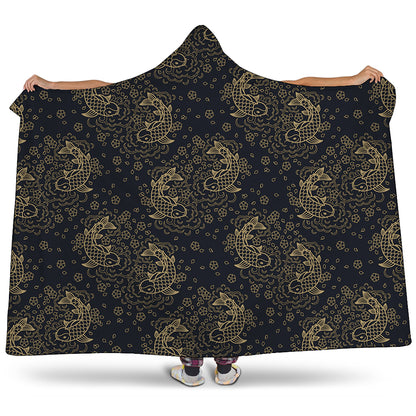 Chinese Koi Carp Pattern Print Hooded Blanket