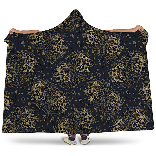 Chinese Koi Carp Pattern Print Hooded Blanket