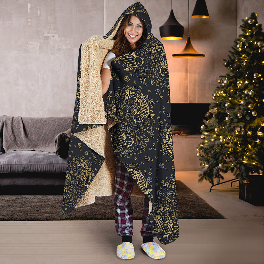 Chinese Koi Carp Pattern Print Hooded Blanket