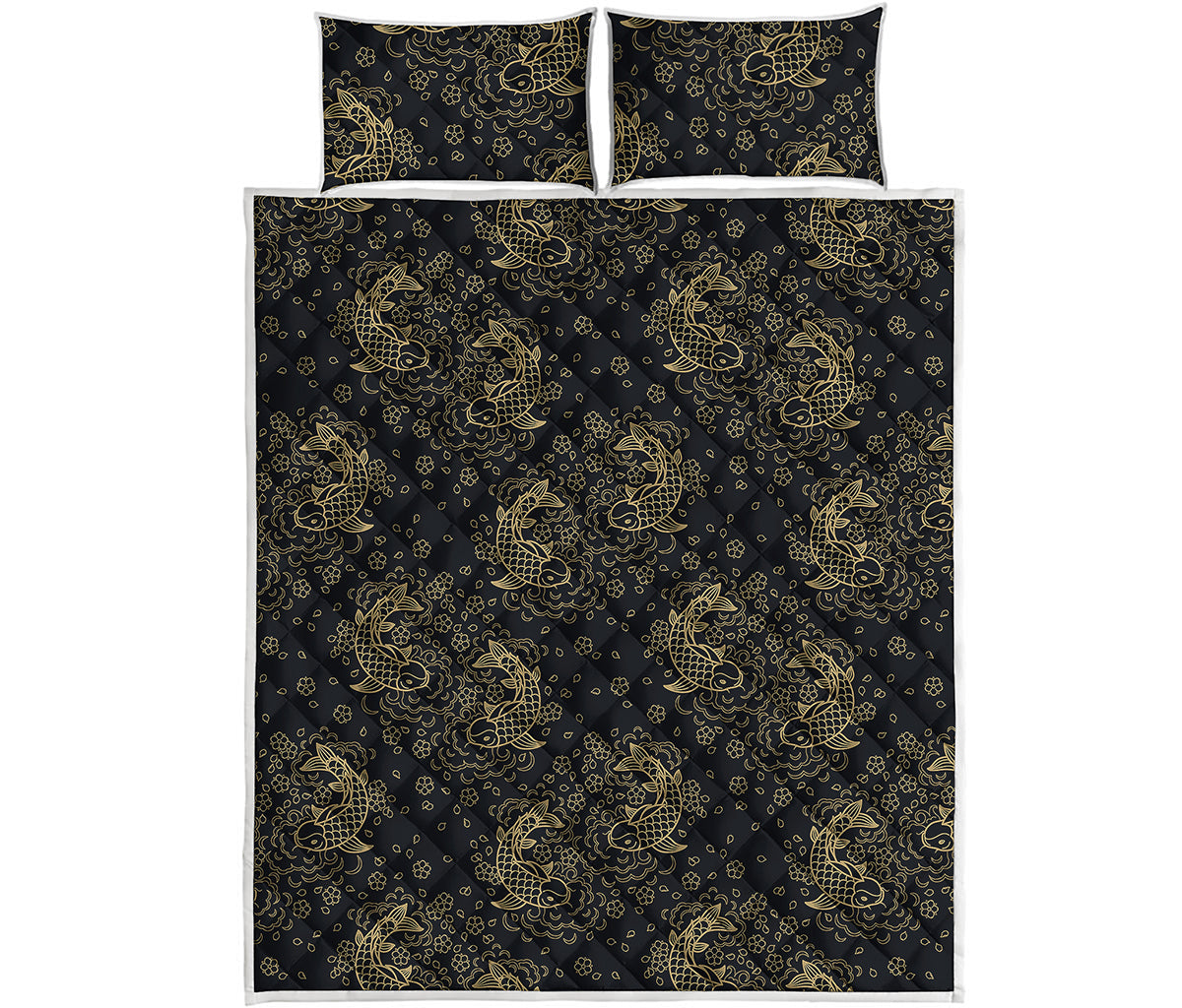 Chinese Koi Carp Pattern Print Quilt Bed Set
