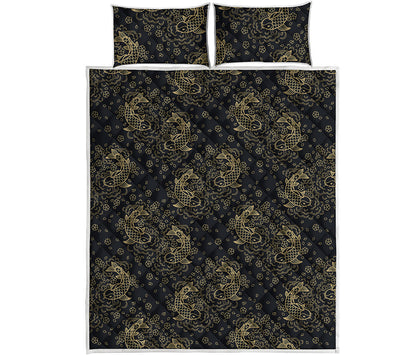 Chinese Koi Carp Pattern Print Quilt Bed Set