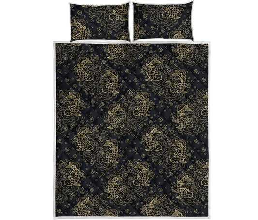 Chinese Koi Carp Pattern Print Quilt Bed Set