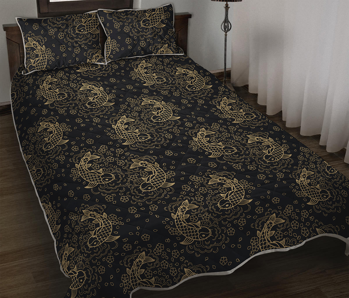 Chinese Koi Carp Pattern Print Quilt Bed Set