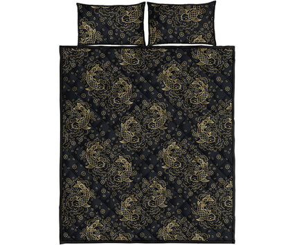 Chinese Koi Carp Pattern Print Quilt Bed Set