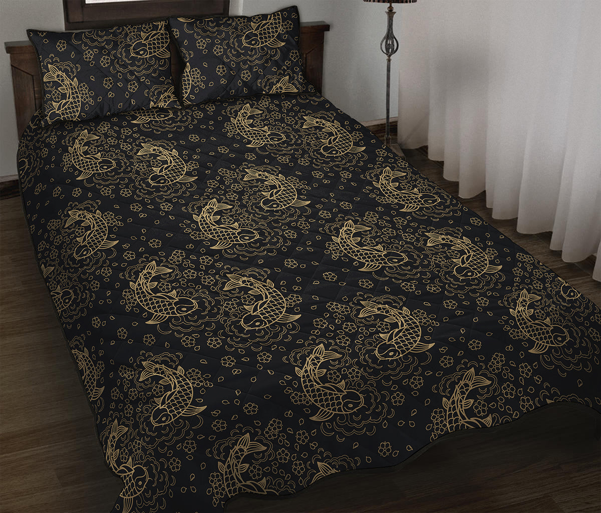 Chinese Koi Carp Pattern Print Quilt Bed Set