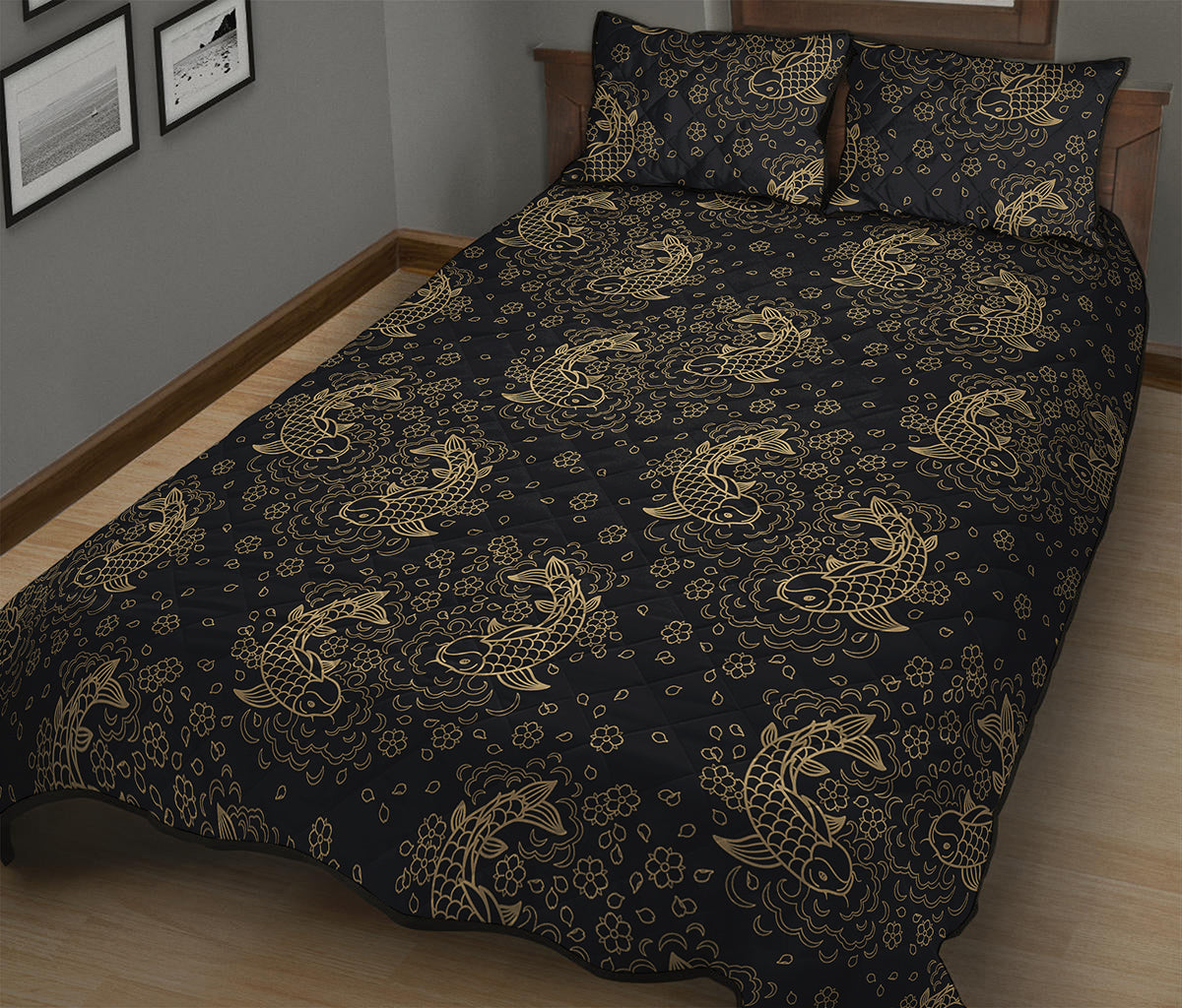 Chinese Koi Carp Pattern Print Quilt Bed Set