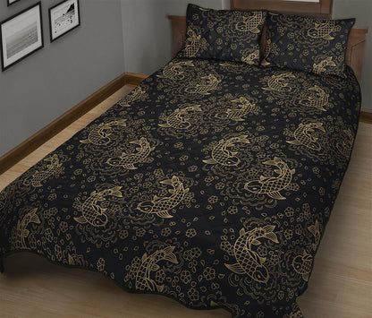 Chinese Koi Carp Pattern Print Quilt Bed Set