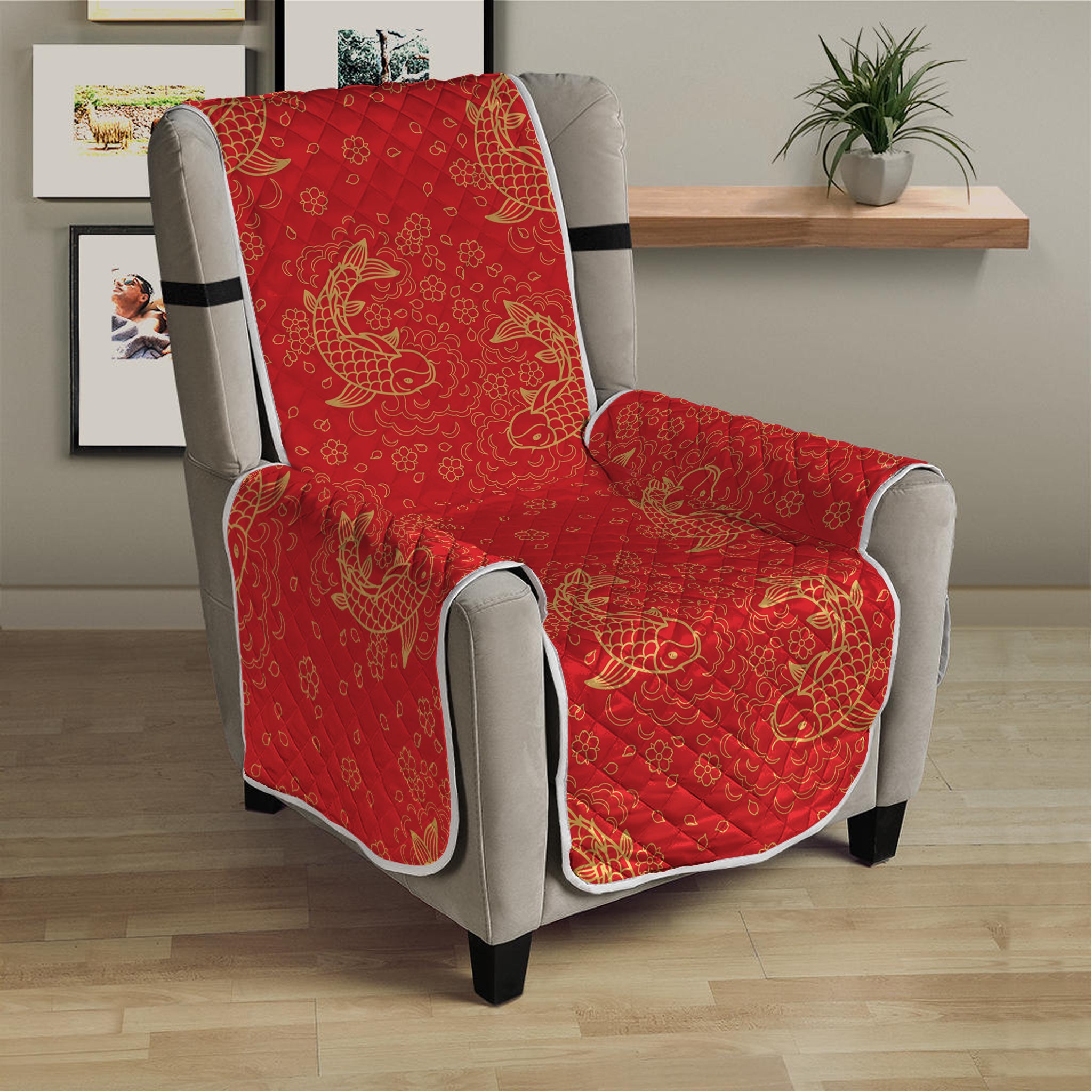 Chinese Koi Fish Pattern Print Armchair Protector