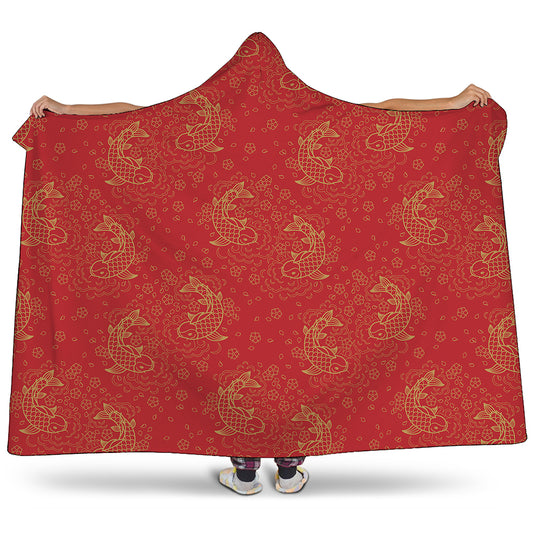 Chinese Koi Fish Pattern Print Hooded Blanket