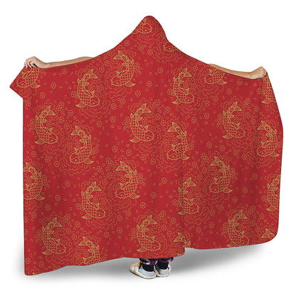 Chinese Koi Fish Pattern Print Hooded Blanket