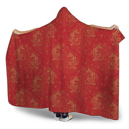 Chinese Koi Fish Pattern Print Hooded Blanket