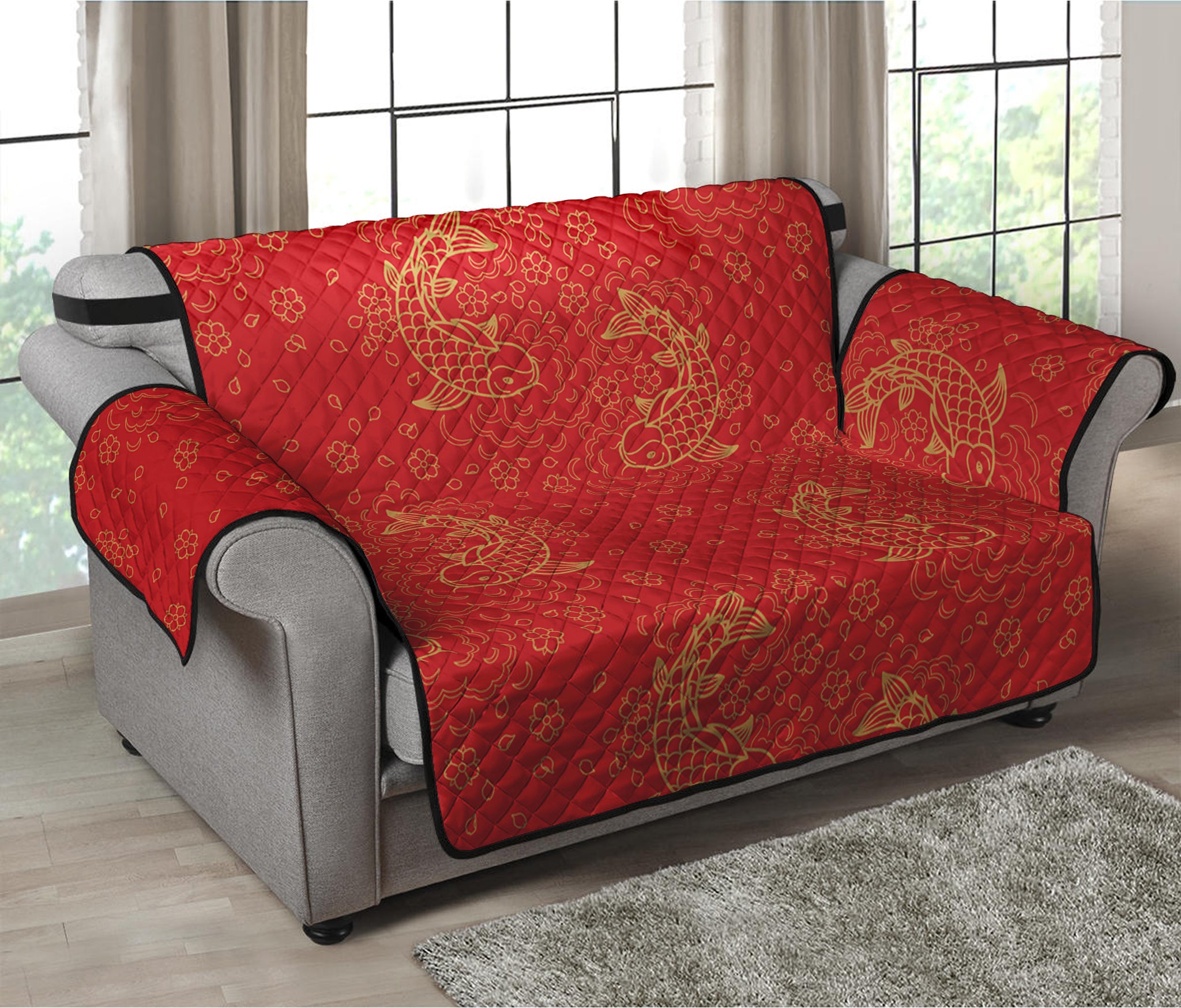 Chinese Koi Fish Pattern Print Loveseat Protector