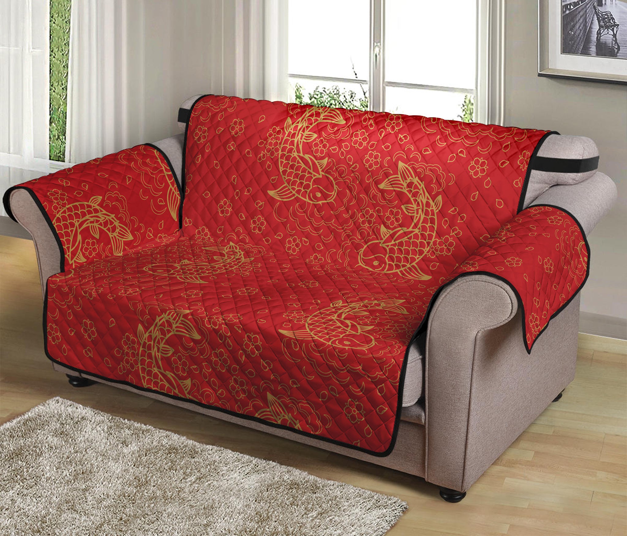 Chinese Koi Fish Pattern Print Loveseat Protector