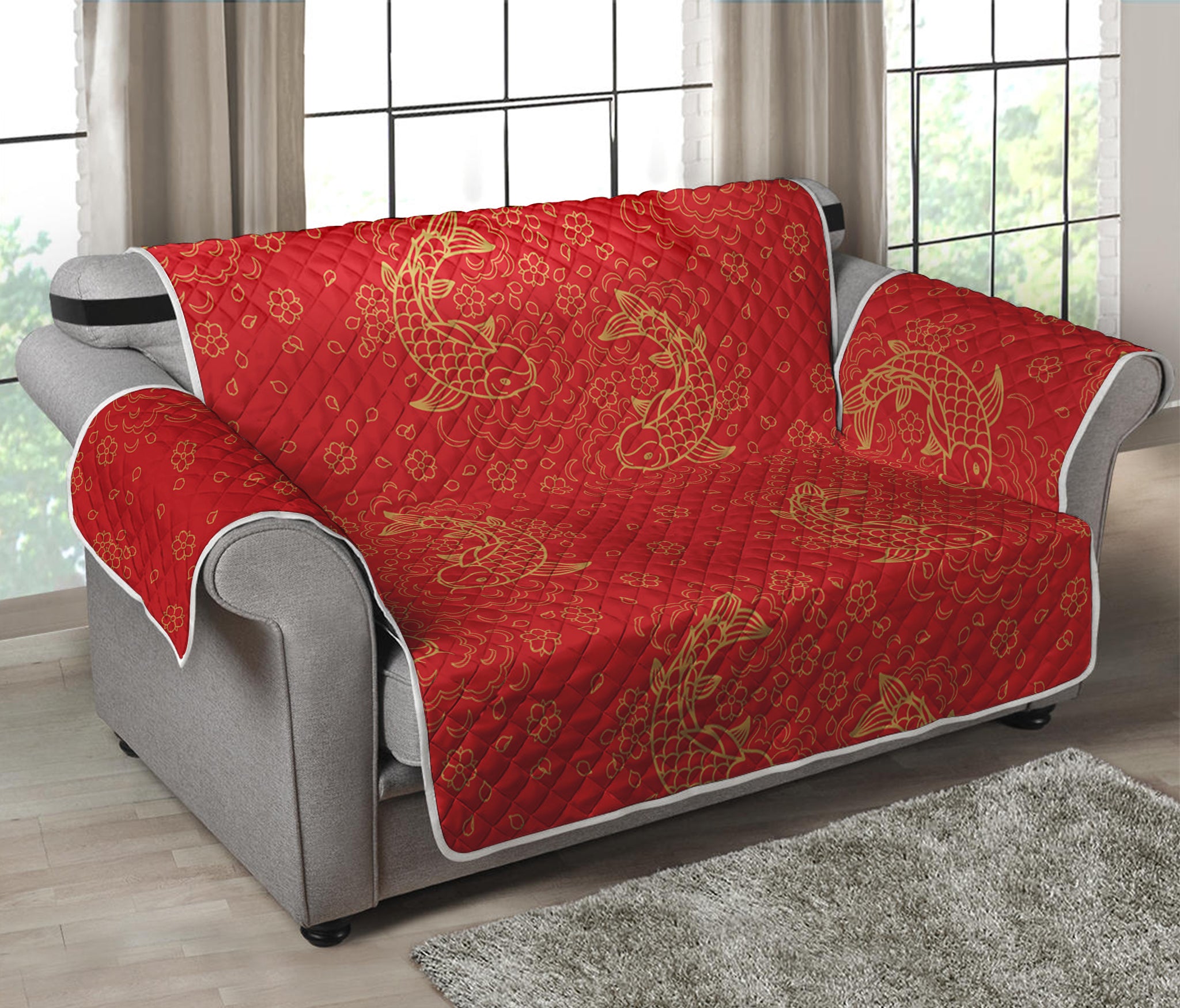 Chinese Koi Fish Pattern Print Loveseat Protector