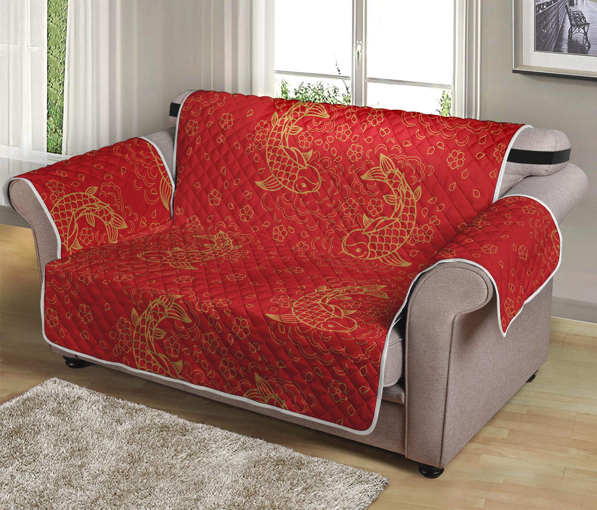 Chinese Koi Fish Pattern Print Loveseat Protector