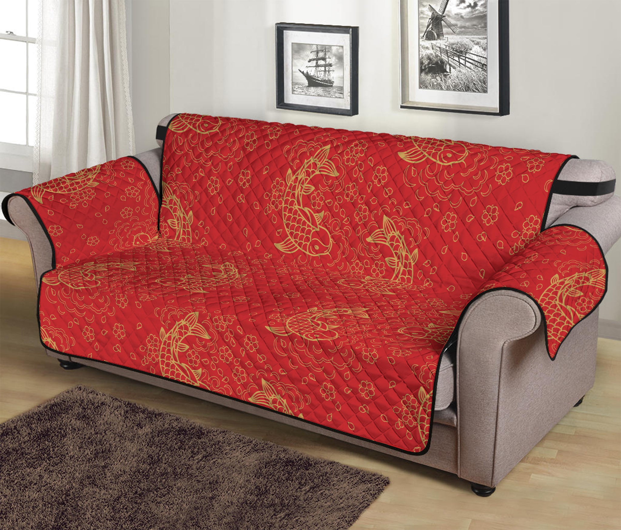 Chinese Koi Fish Pattern Print Sofa Protector