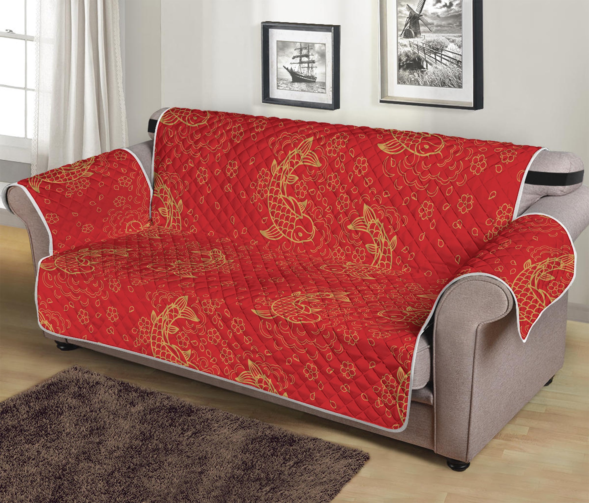 Chinese Koi Fish Pattern Print Sofa Protector