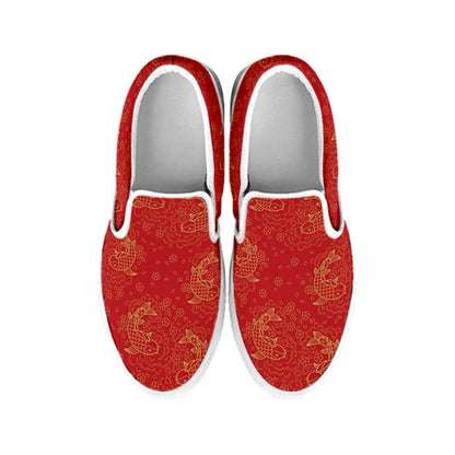 Chinese Koi Fish Pattern Print White Slip On Shoes