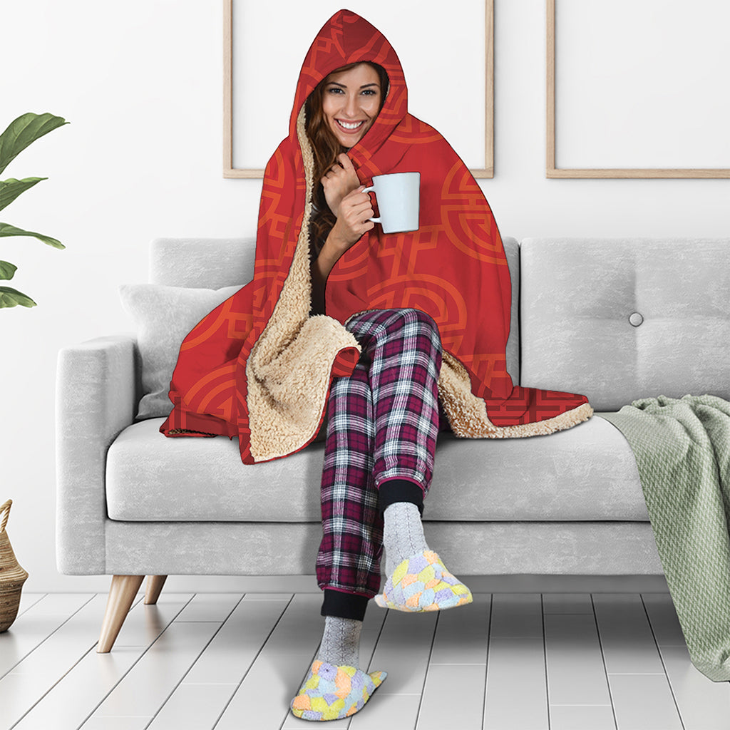 Chinese Lu Symbol Pattern Print Hooded Blanket
