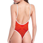 Chinese Lu Symbol Pattern Print One Piece High Cut Swimsuit
