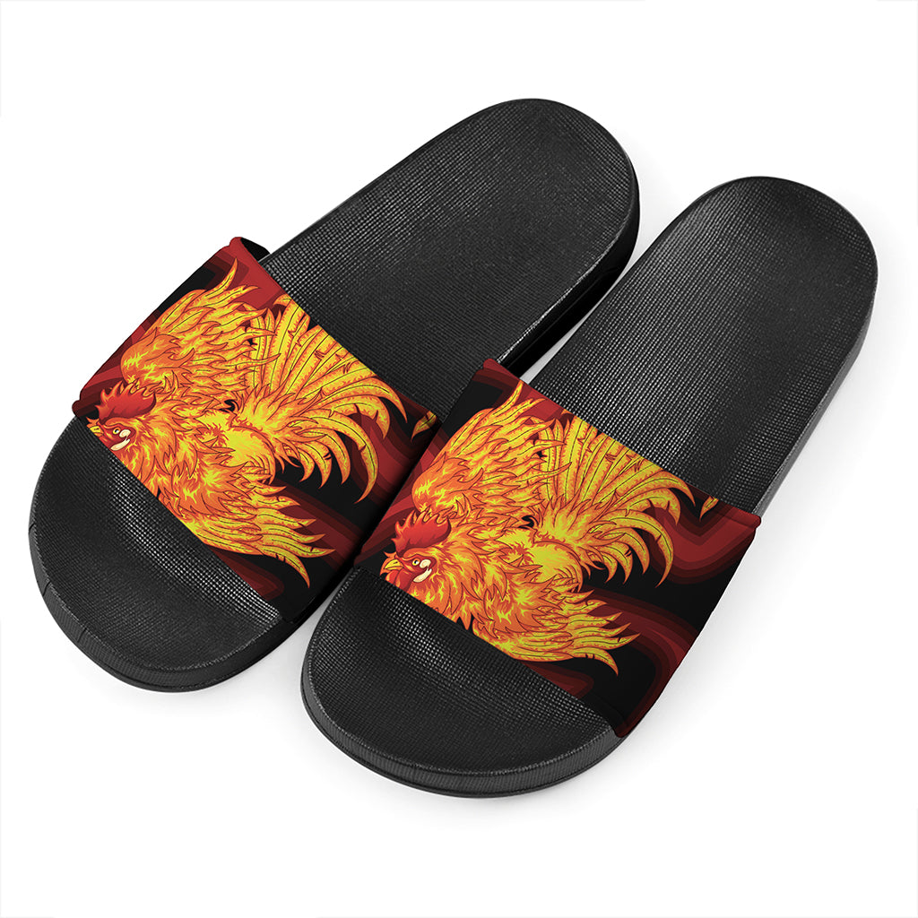 Chinese New Year Rooster Print Black Slide Sandals