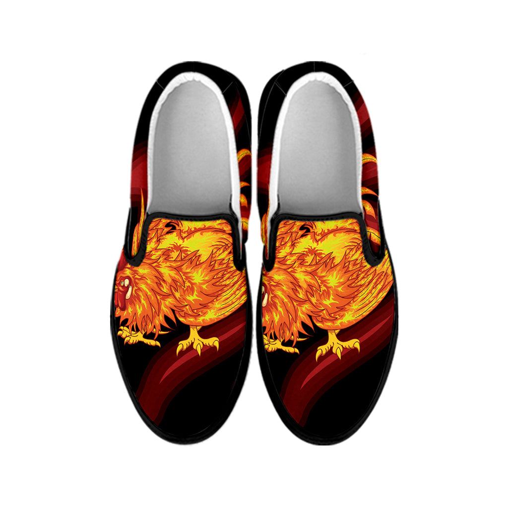 Chinese New Year Rooster Print Black Slip On Shoes
