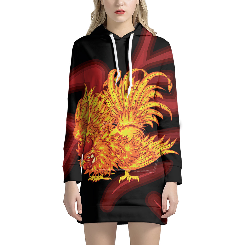 Chinese New Year Rooster Print Pullover Hoodie Dress