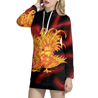 Chinese New Year Rooster Print Pullover Hoodie Dress