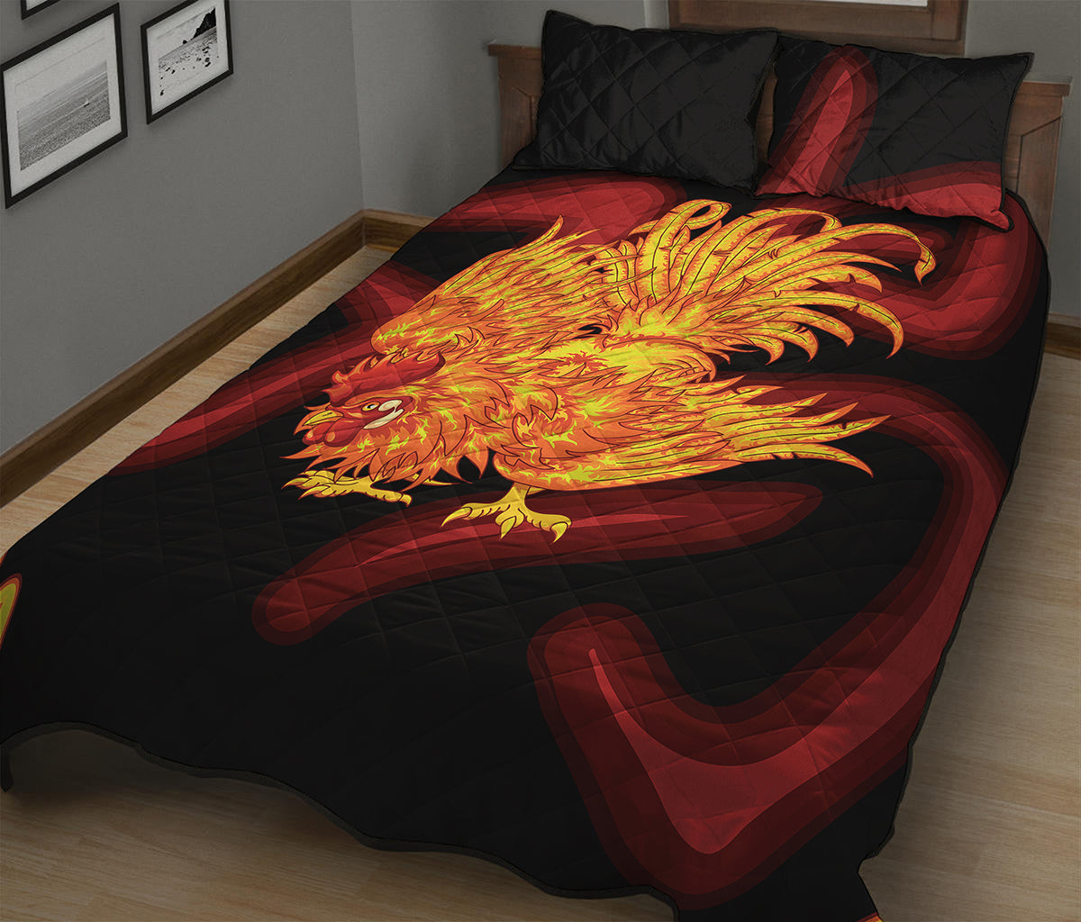 Chinese New Year Rooster Print Quilt Bed Set