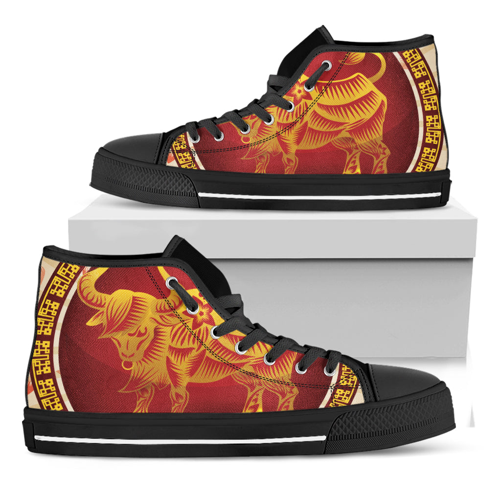 Chinese Ox Zodiac Sign Print Black High Top Shoes