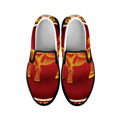 Chinese Ox Zodiac Sign Print Black Slip On Shoes